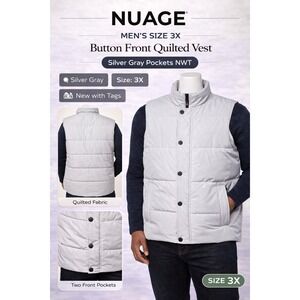 Nuage Mens Button Front Quilted Vest Silver Gray Pockets A663136/86 NWT 3X
